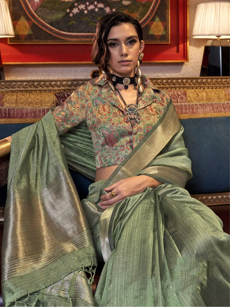 Beautiful Olive Green Handloom Weaving Chiffon Function Wear Saree