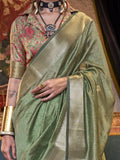Beautiful Olive Green Handloom Weaving Chiffon Function Wear Saree