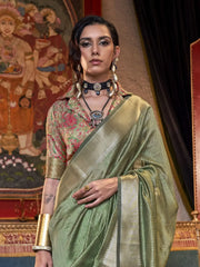 Beautiful Olive Green Handloom Weaving Chiffon Function Wear Saree