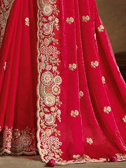 Captivating Dark Red Heavy Embroidery Work Silk Reception Wear Saree