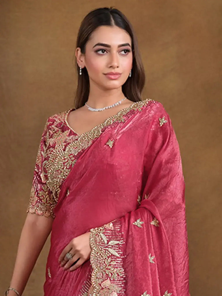 Attractive Dark Peach Heavy Border Work Satin Silk Function Wear Saree
