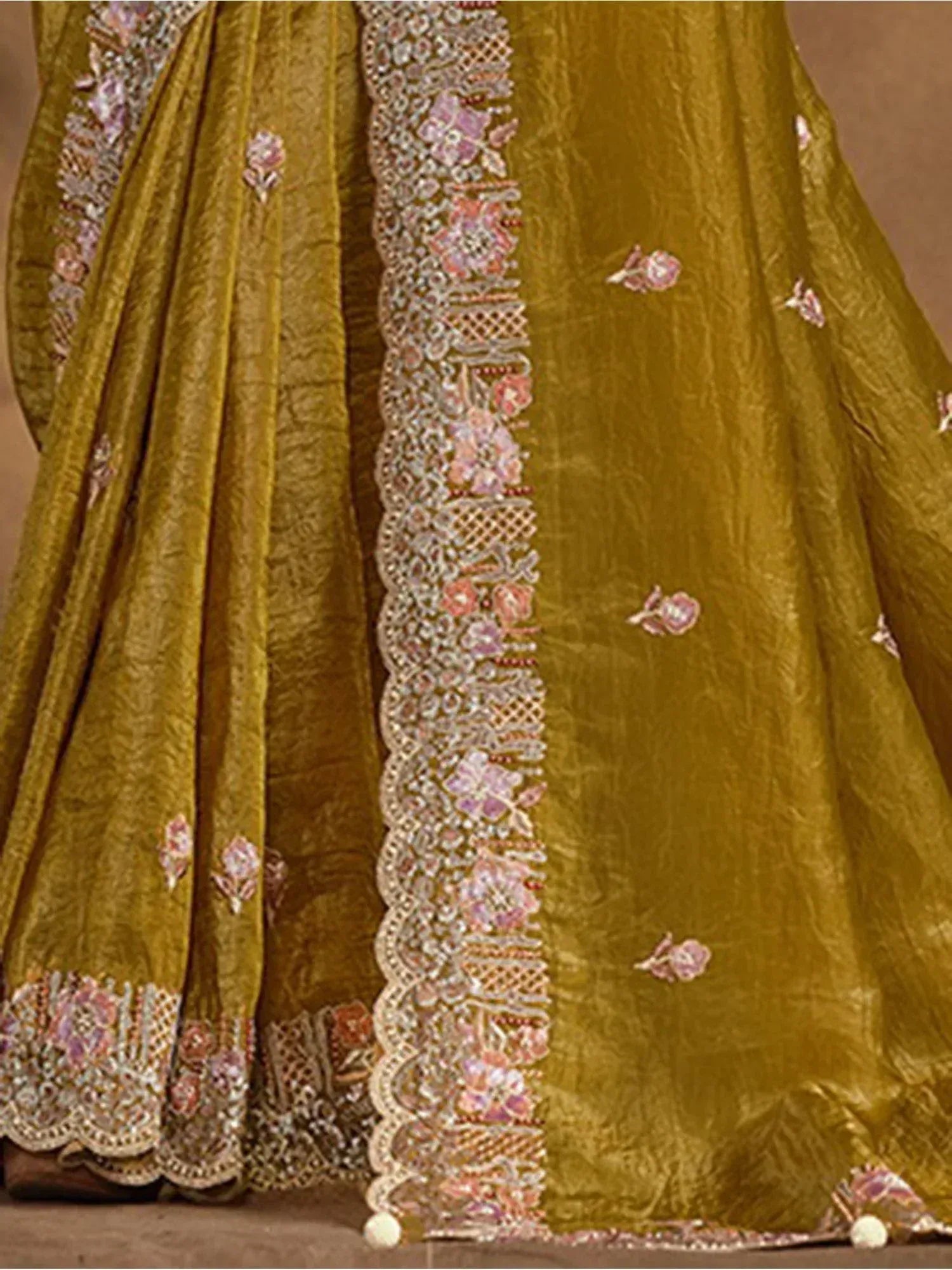 Mustard velvet lehenga with floral embroidery and scalloped border, Indian ethnic wear