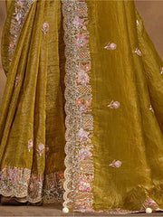 Amusing Dark Mustard Heavy Embroidered Silk Function Wear Saree