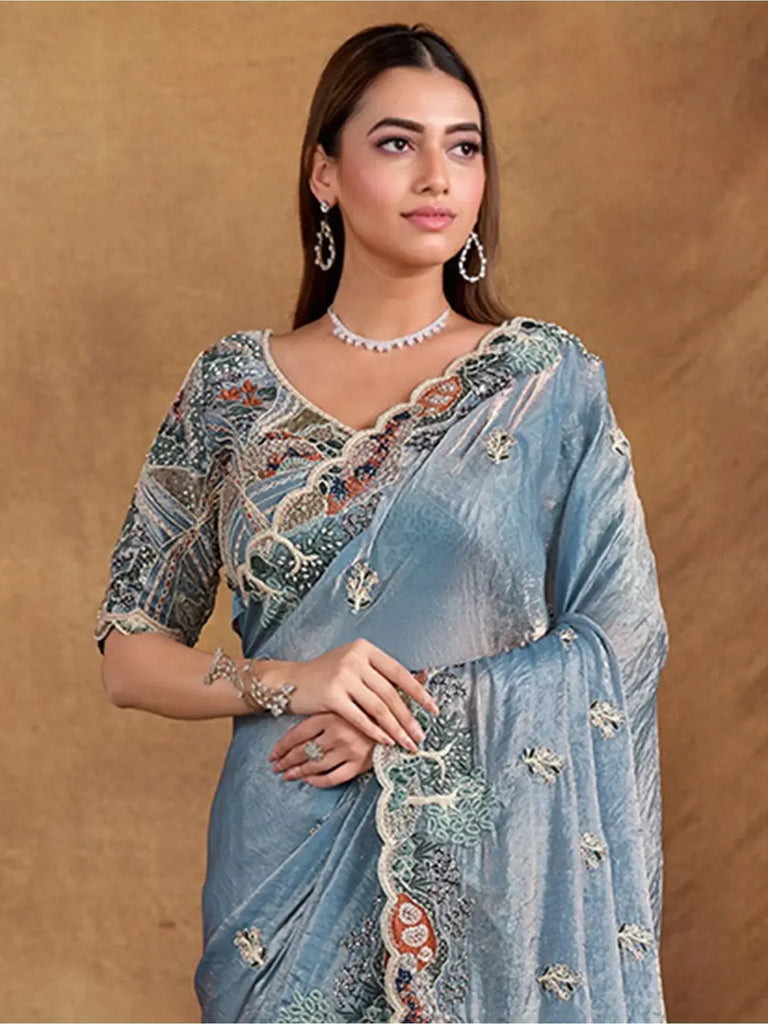 Lovely Slate Blue Heavy Border Work Satin Silk Engagement Wear Saree