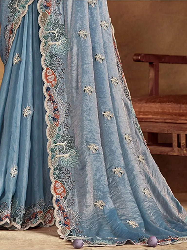 Lovely Slate Blue Heavy Border Work Satin Silk Engagement Wear Saree