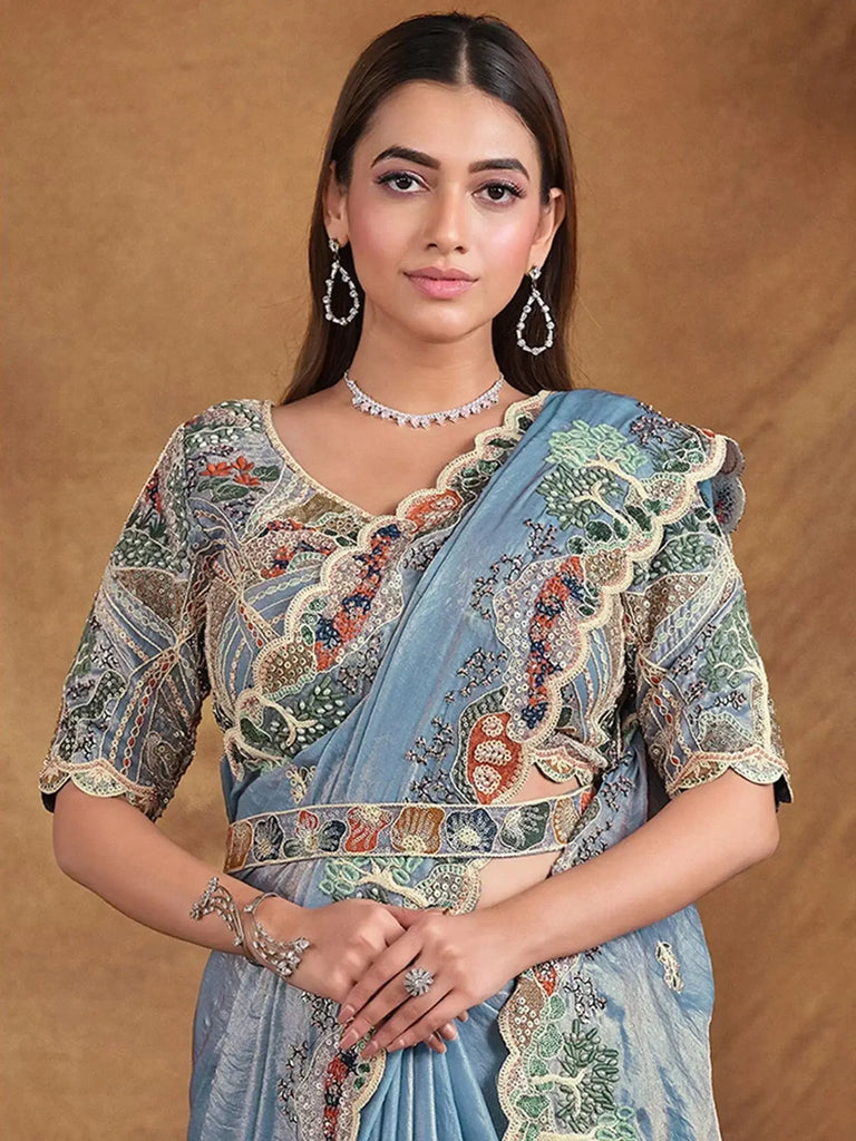 Lovely Slate Blue Heavy Border Work Satin Silk Engagement Wear Saree
