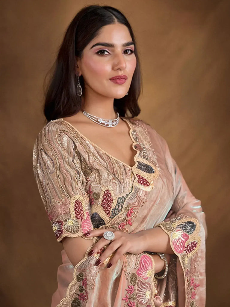 Delightful Peach Color Heavy Border Work Satin Silk Event Wear Saree