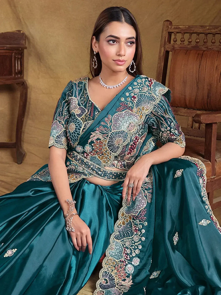 Magnetic Teal Blue Heavy Border Work Satin Silk Wedding Wear Saree