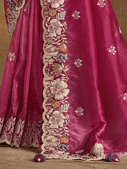 Alluring Magenta Heavy Embroidery Silk Function Wear Saree With Blouse