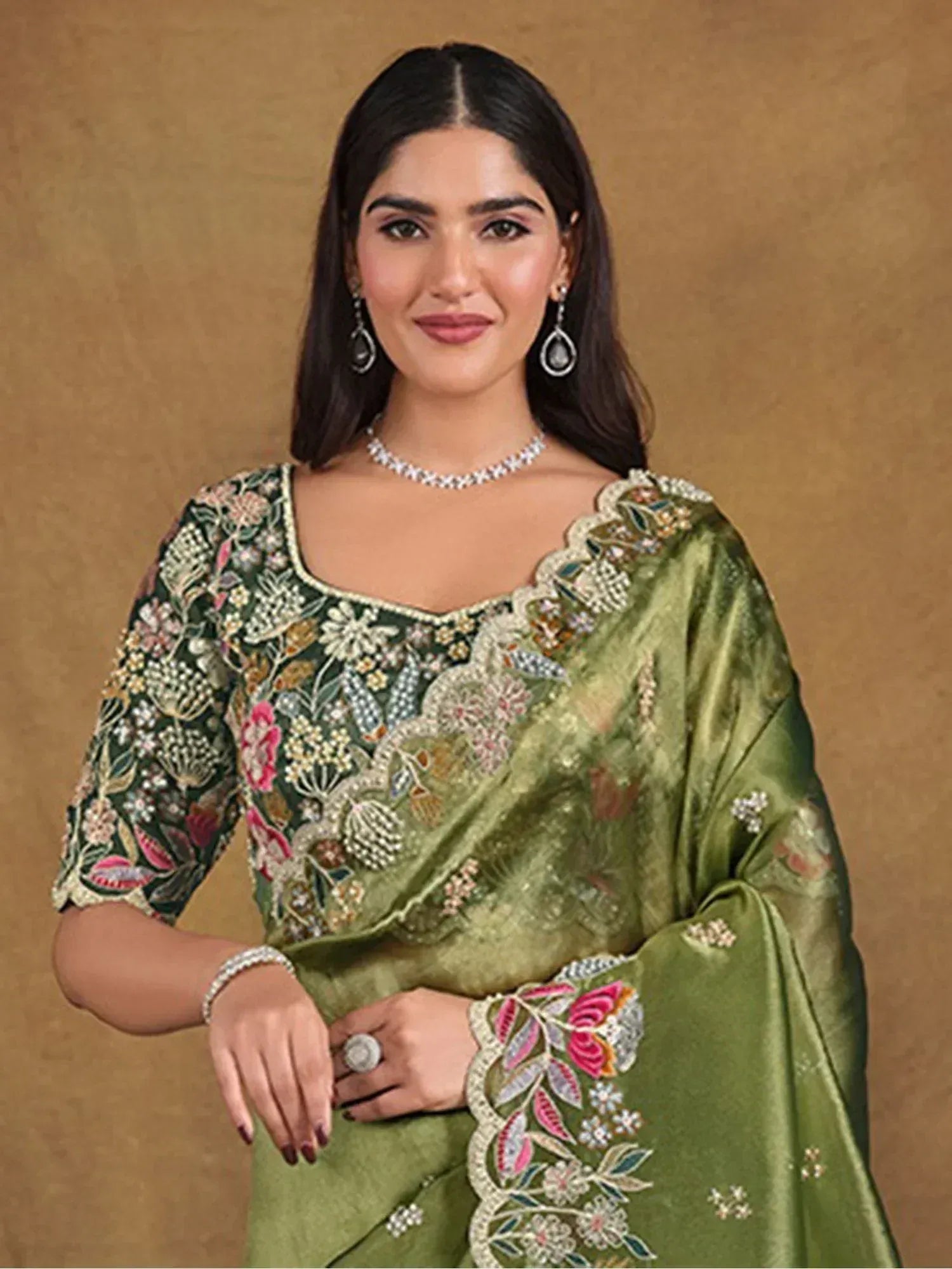 Green embroidered saree with floral blouse, Indian ethnic wear for women