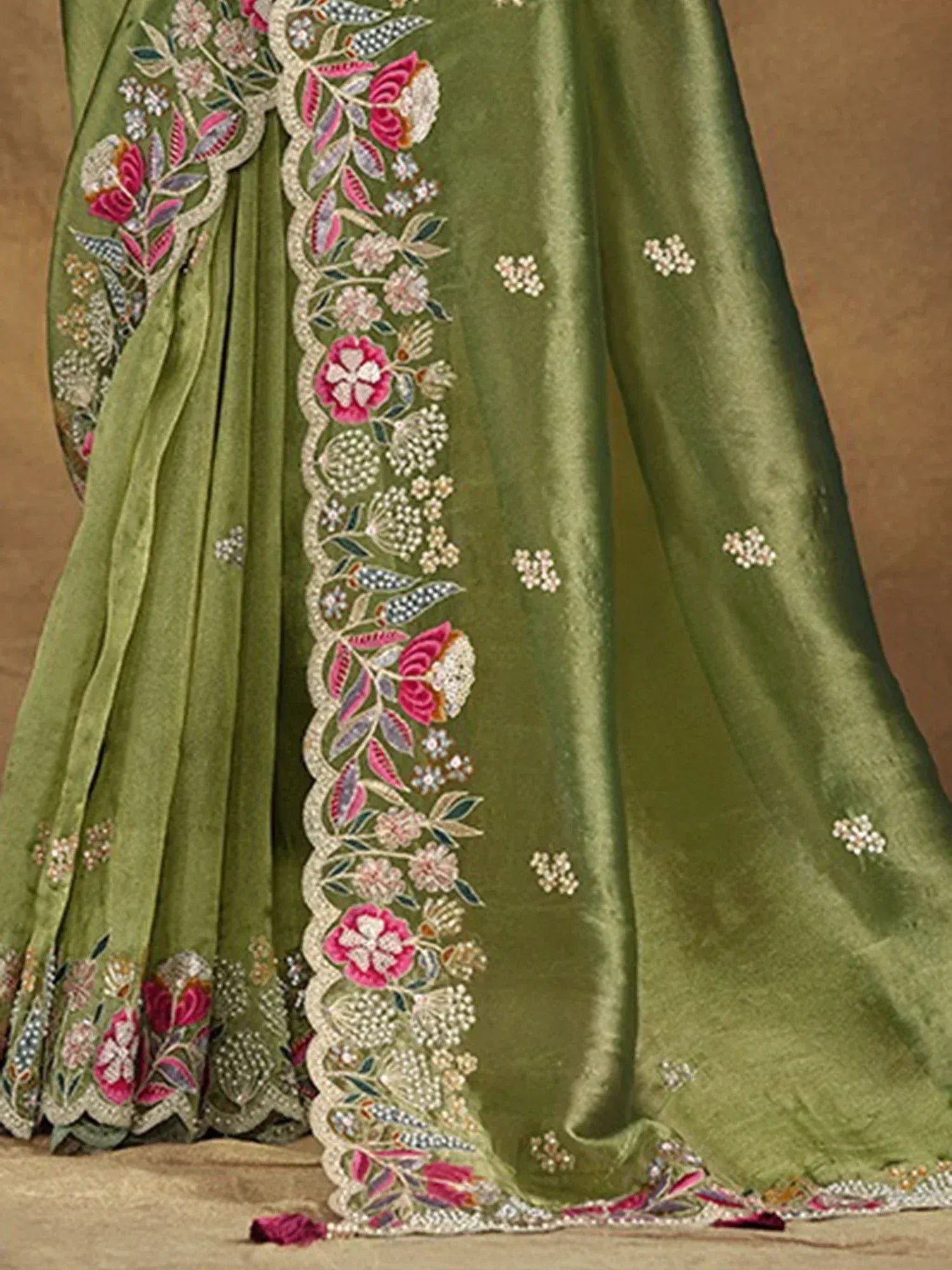 Olive green saree with pink floral embroidery and sequin detailing, ethnic Indian wear