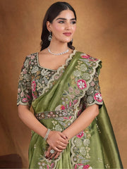 Charming Pista Green Embroidered Tissue Event Wear Saree With Blouse