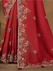 Astonishing Maroon Heavy Border Work Silk Wedding Wear Saree