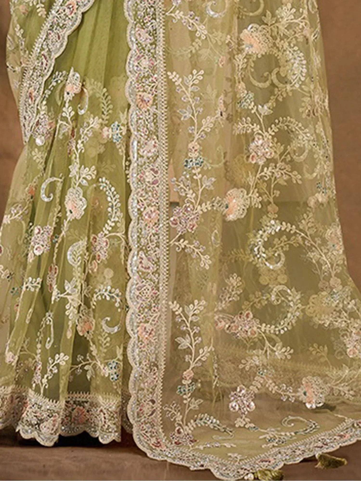 Olive green designer lehenga with floral embroidery and scalloped dupatta, ethnic Indian wear