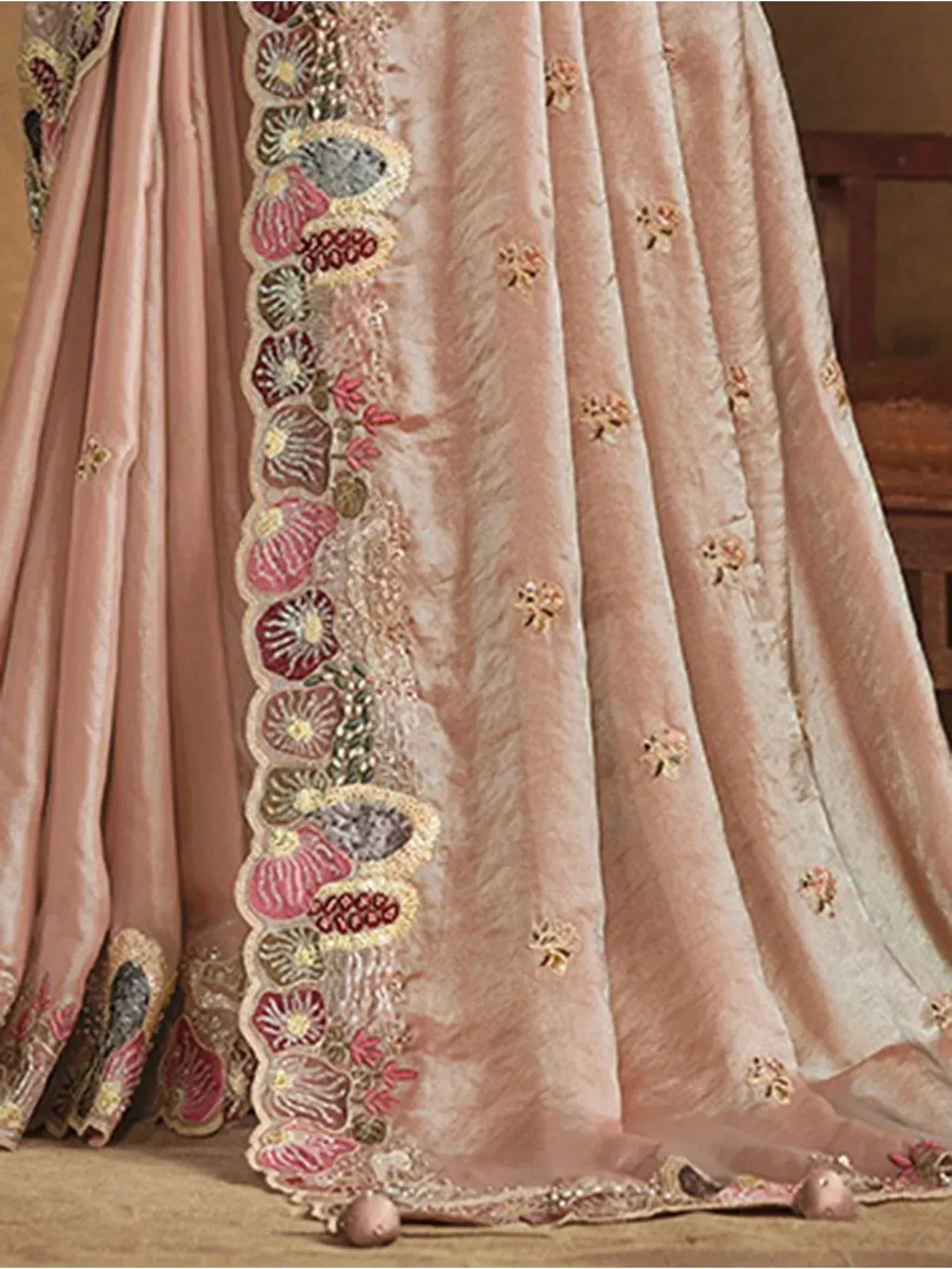 Pink velvet lehenga with floral embroidery and scalloped border, Indian ethnic wear