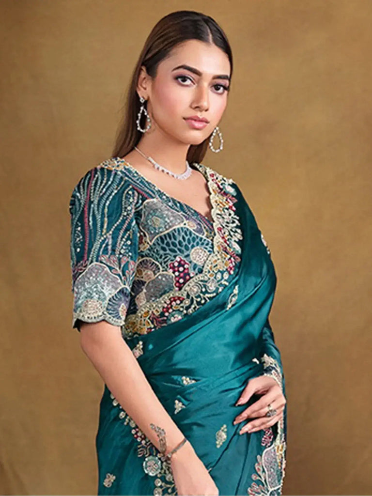 Magnetic Teal Blue Heavy Border Work Satin Silk Wedding Wear Saree