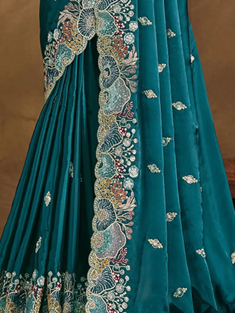 Magnetic Teal Blue Heavy Border Work Satin Silk Wedding Wear Saree