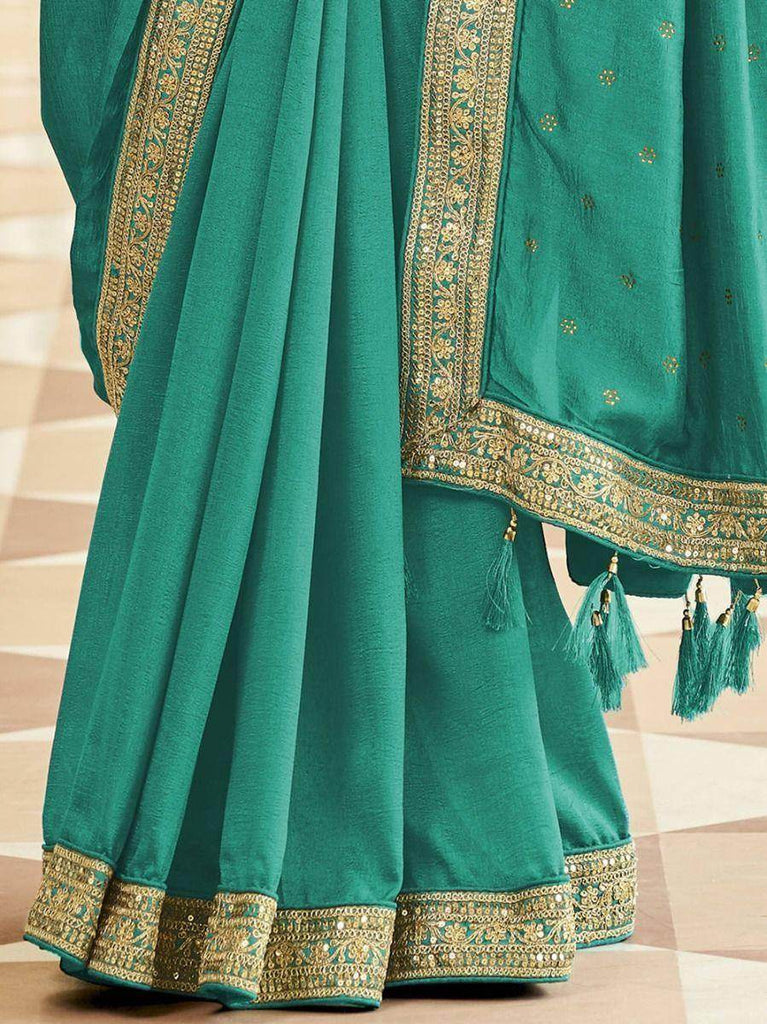 Delightful Firozi Sequined Embroidery Vichitra Festive Wear Saree
