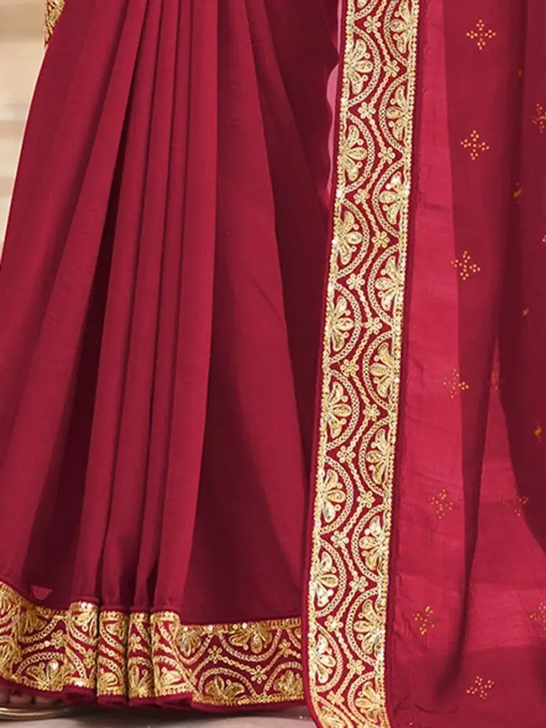 Luxuriant Red Thread Embroidery Vichitra Saree With Blouse