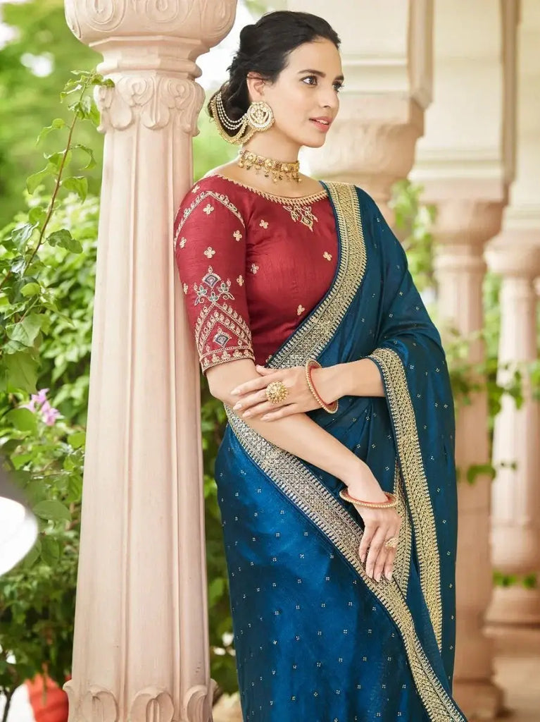 Capricious Blue Sequins Embroidery Vichitra Saree With Blouse