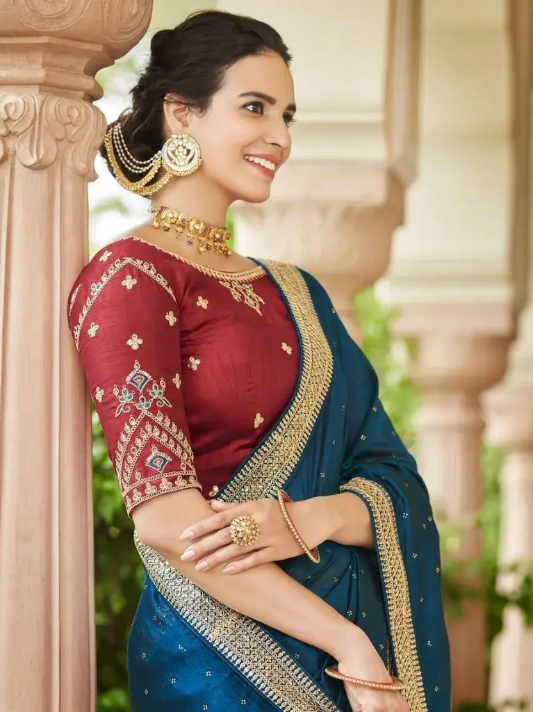 Capricious Blue Sequins Embroidery Vichitra Saree With Blouse