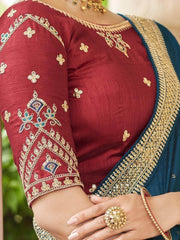 Capricious Blue Sequins Embroidery Vichitra Saree With Blouse