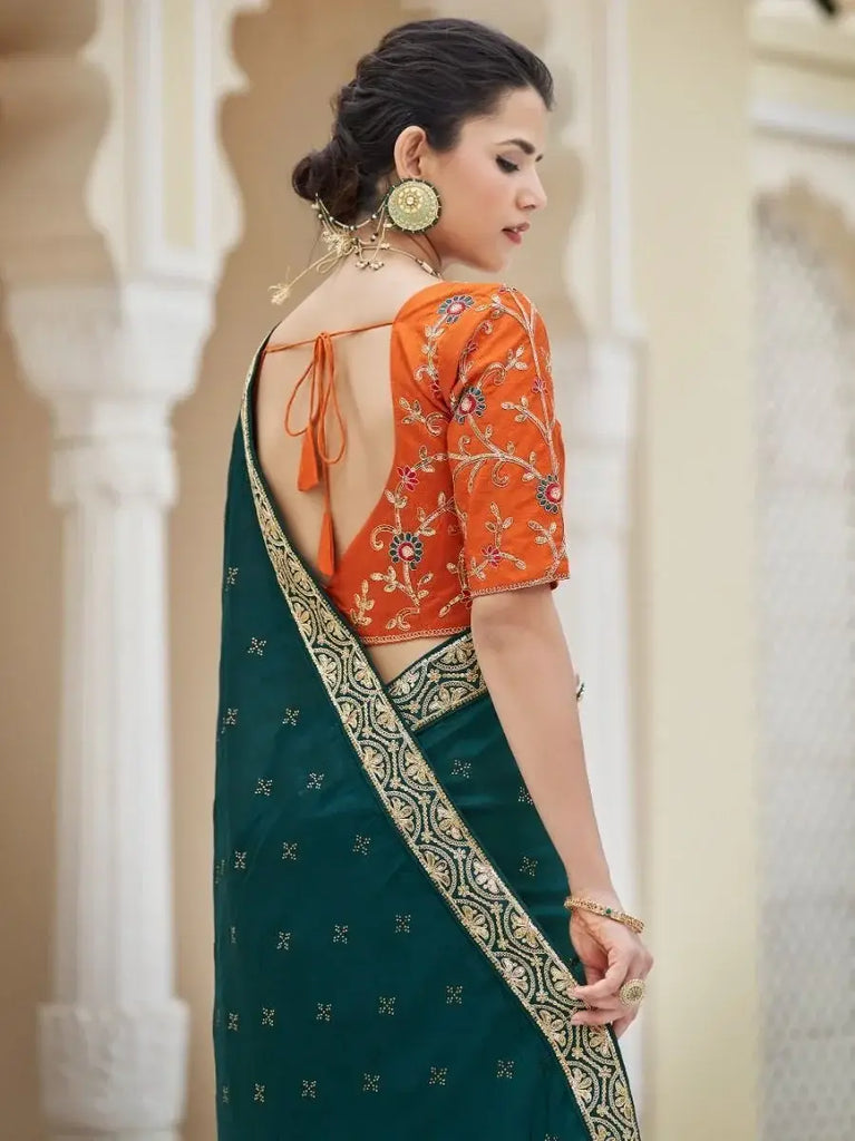 Euphoric Teal Green Sequins embroidered Vichitra Saree With Blouse