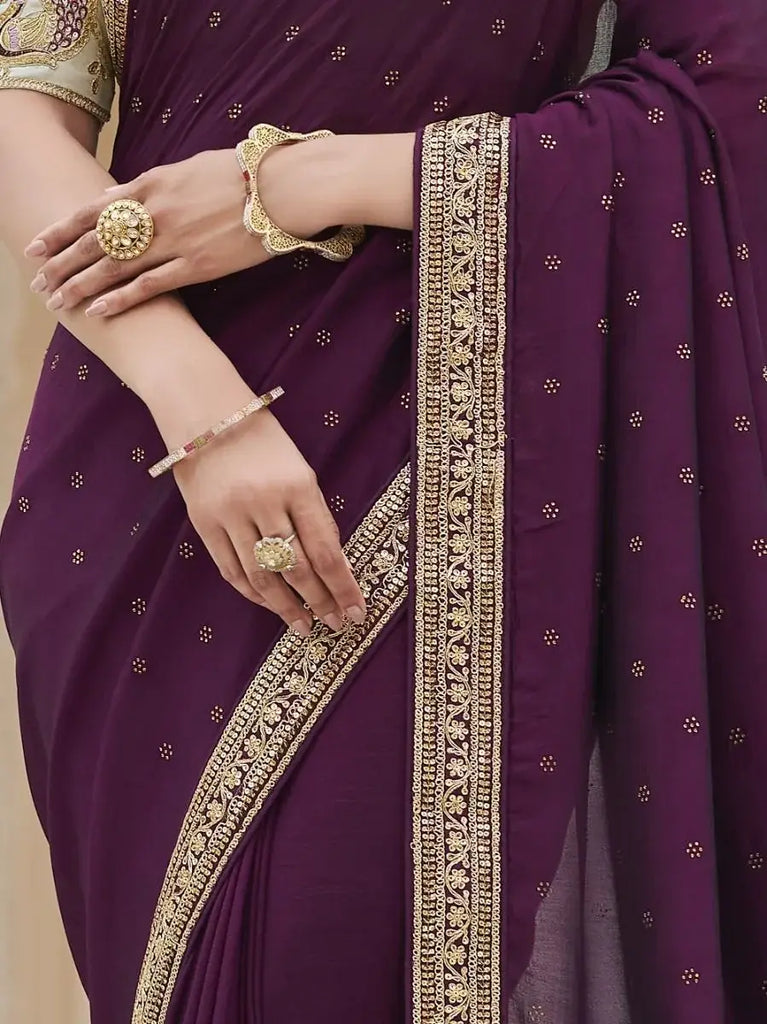 Superior Purple Sequined Embroidery Vichitra Party Wear Saree