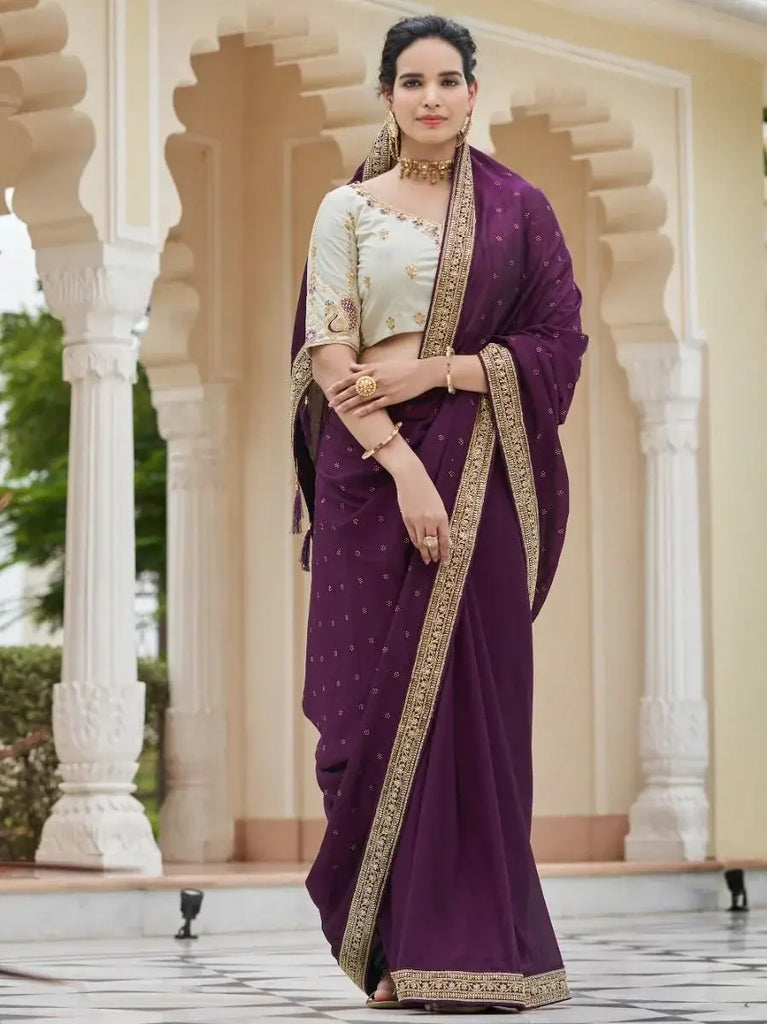 Superior Purple Sequined Embroidery Vichitra Party Wear Saree