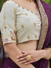 Superior Purple Sequined Embroidery Vichitra Party Wear Saree