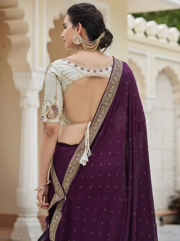 Superior Purple Sequined Embroidery Vichitra Party Wear Saree