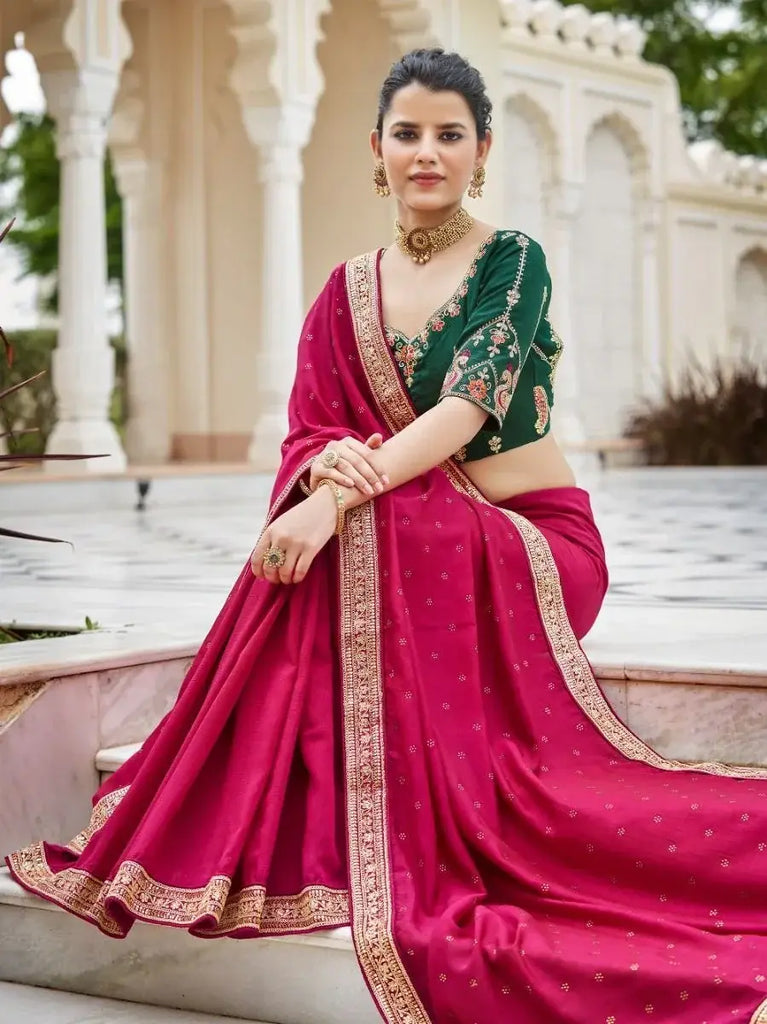 Fascinating Dark Pink Sequins Embroidered Festive Wear Saree