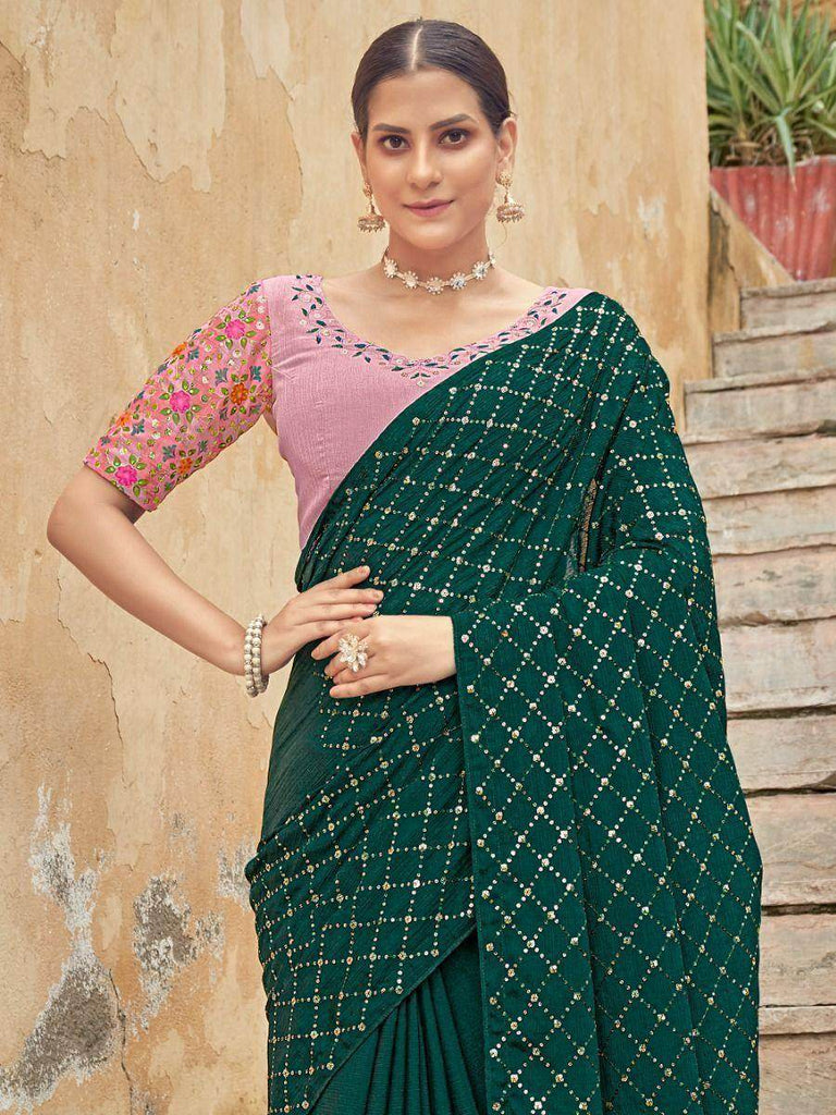 Desirable Green Sequined Embroidery Chinon Saree With Blouse