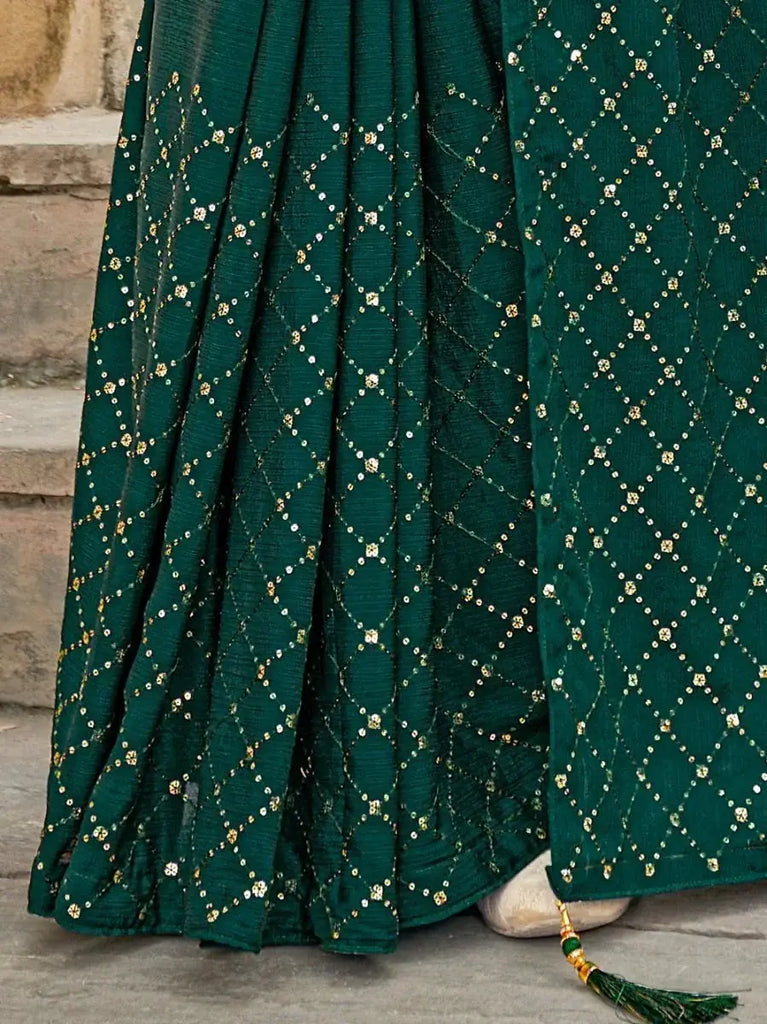 Desirable Green Sequined Embroidery Chinon Saree With Blouse