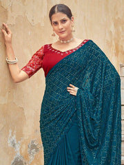 Spectacular Teal Blue fully Sequins embroidered Chinon Saree