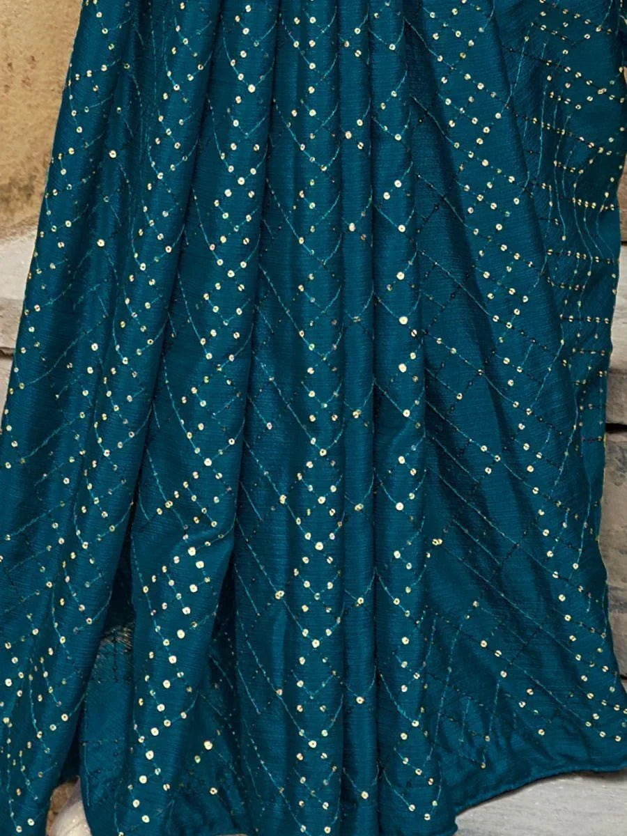 Spectacular Teal Blue fully Sequins embroidered Chinon Saree