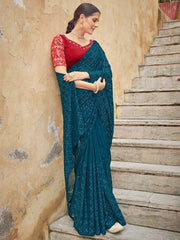 Spectacular Teal Blue fully Sequins embroidered Chinon Saree