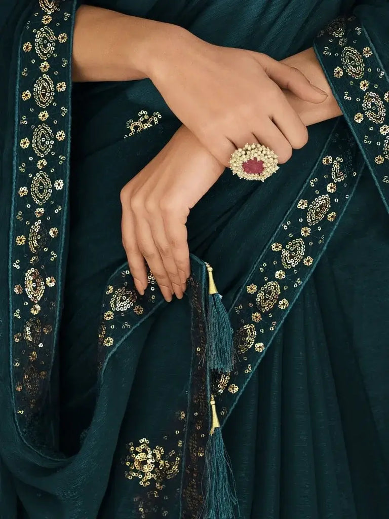 Alluring Teal Blue Sequined Embroidered Chinon Party Wear Saree With Blouse