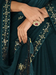 Alluring Teal Blue Sequined Embroidered Chinon Party Wear Saree With Blouse