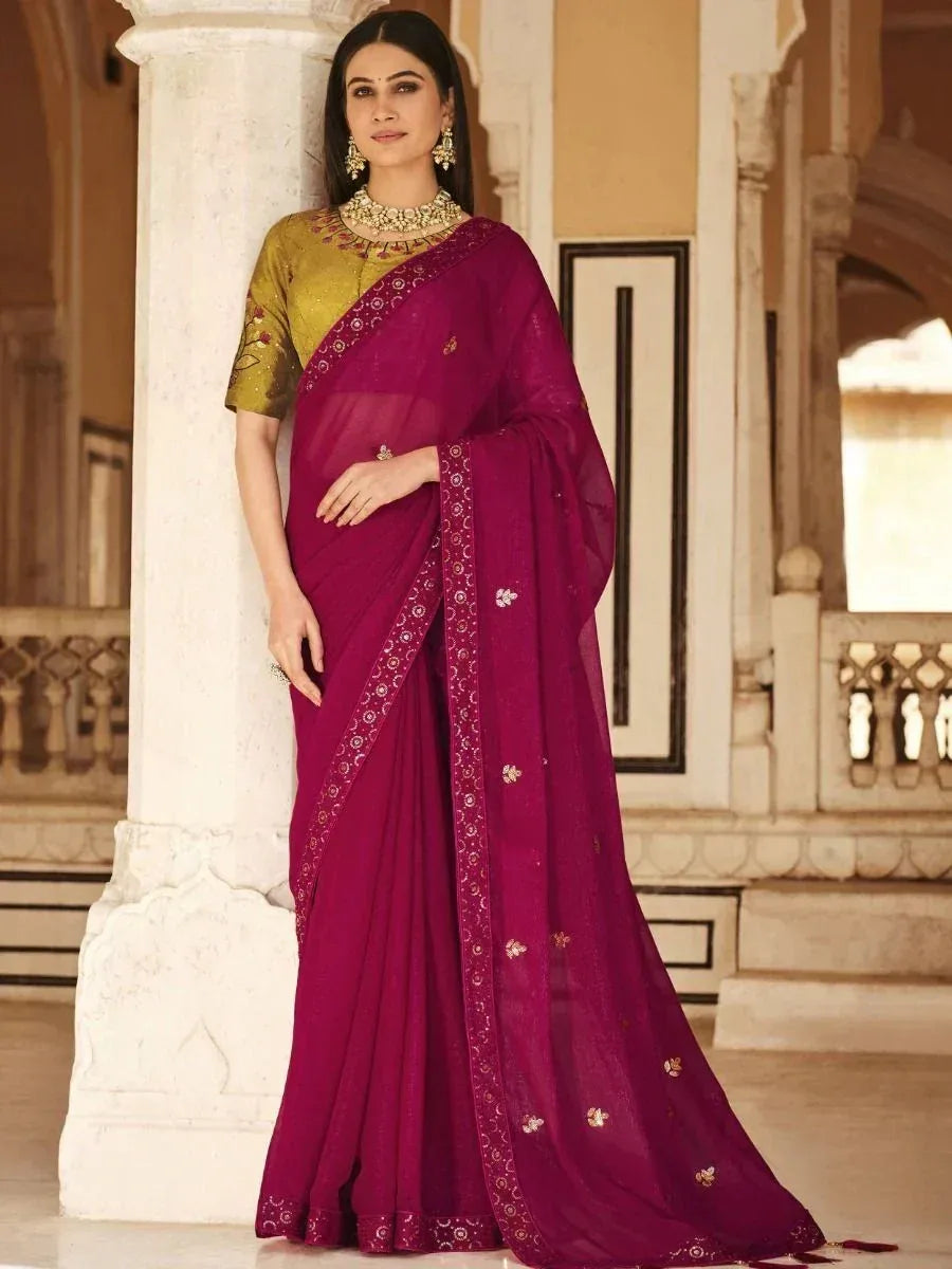 Elegant maroon saree with gold embroidery, paired with a mustard blouse, perfect for Indian ethnic occasions.