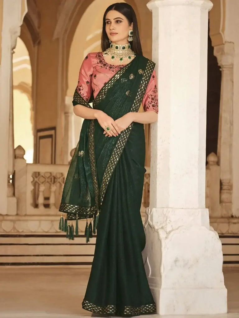 Charming Green Sequined Embroidered Chinon Festival Wear Saree With Blouse