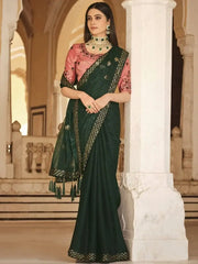 Charming Green Sequined Embroidered Chinon Festival Wear Saree With Blouse