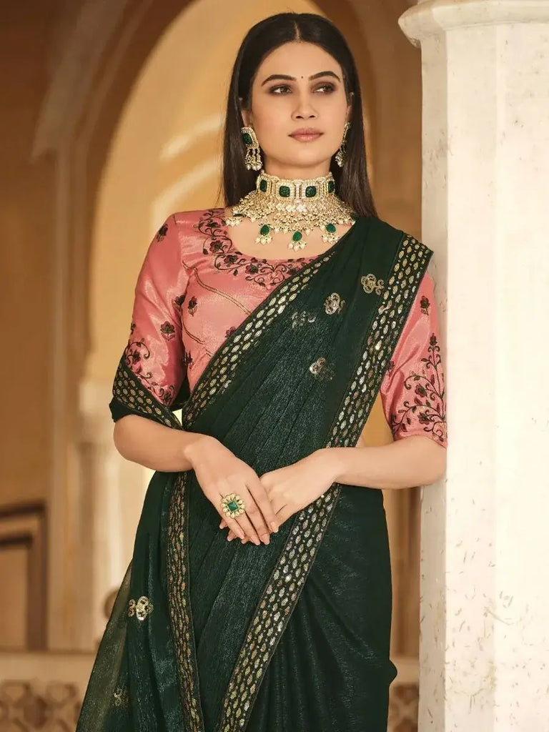 Charming Green Sequined Embroidered Chinon Festival Wear Saree With Blouse
