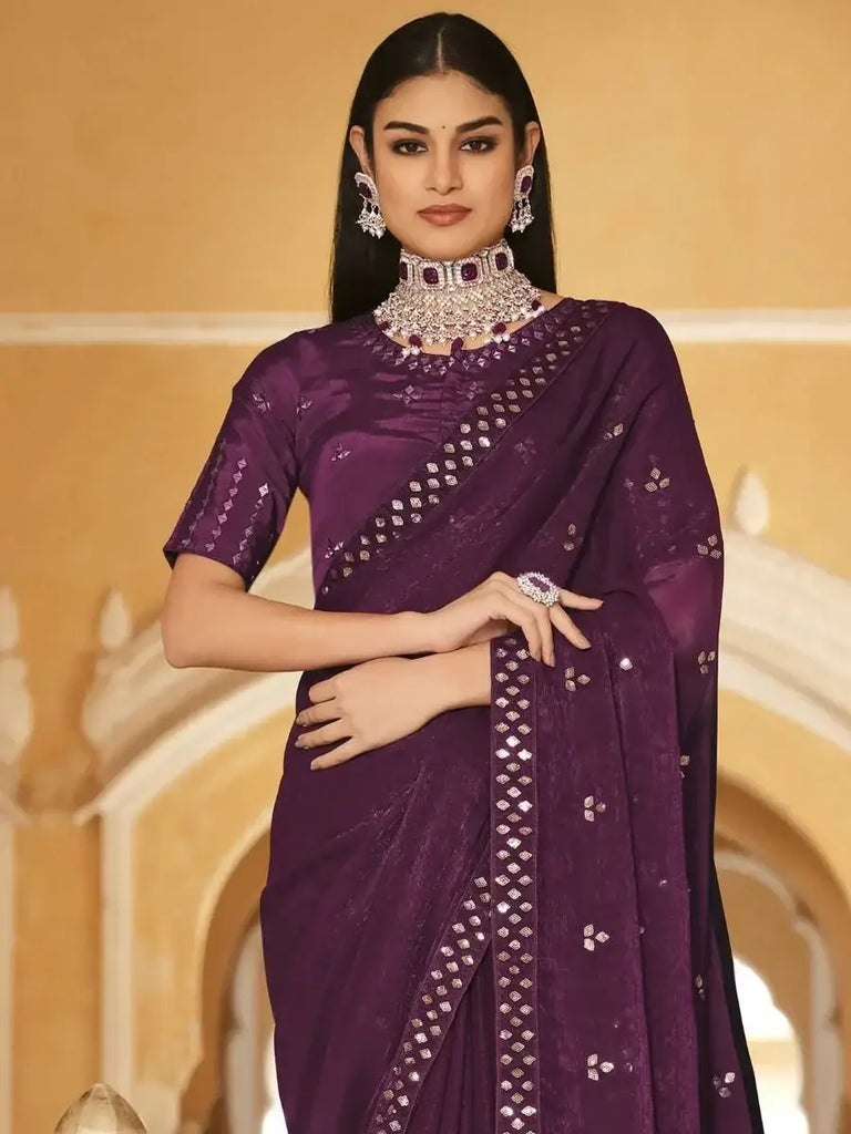 Winning Wine Sequined Embroidered Chinon Festival Wear Saree With Blouse