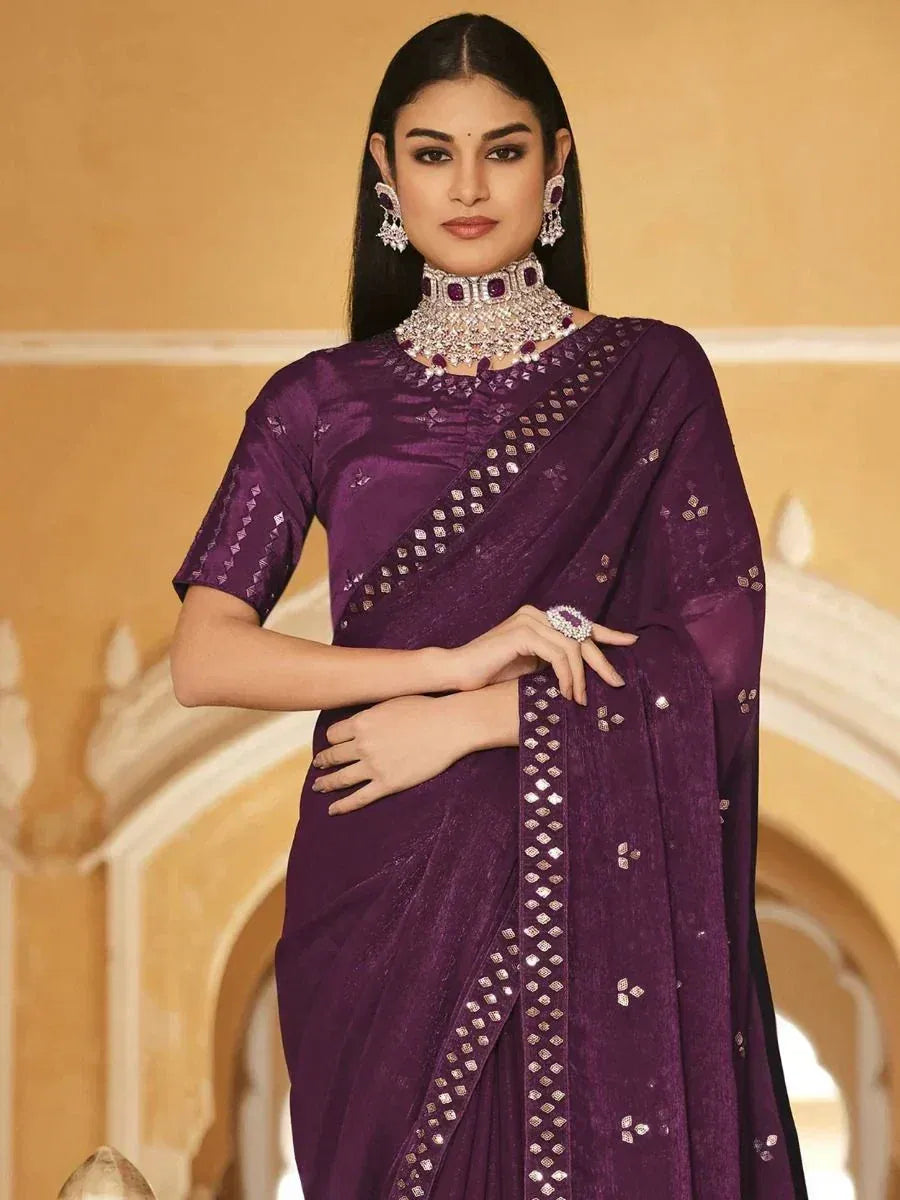 Purple designer saree with sequin work, perfect for Indian ethnic occasions and weddings