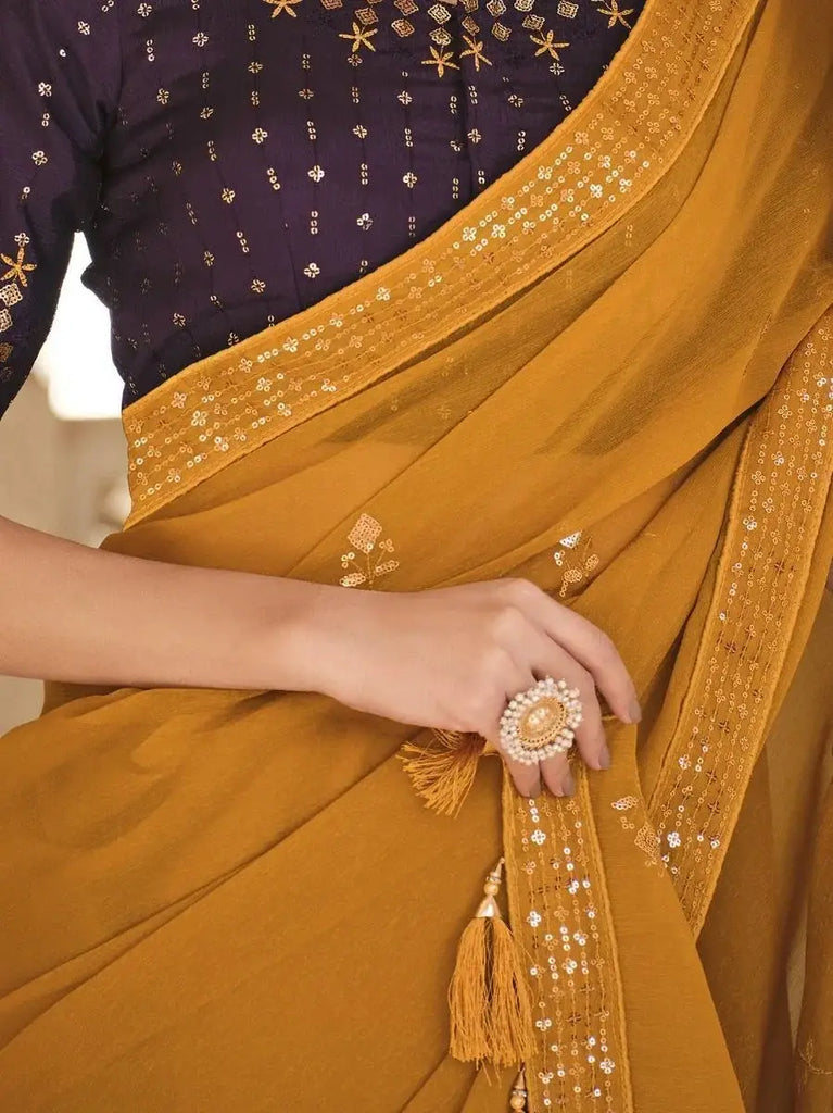 Quaint Yellow Sequined Chinon Festival Wear Saree With Blouse