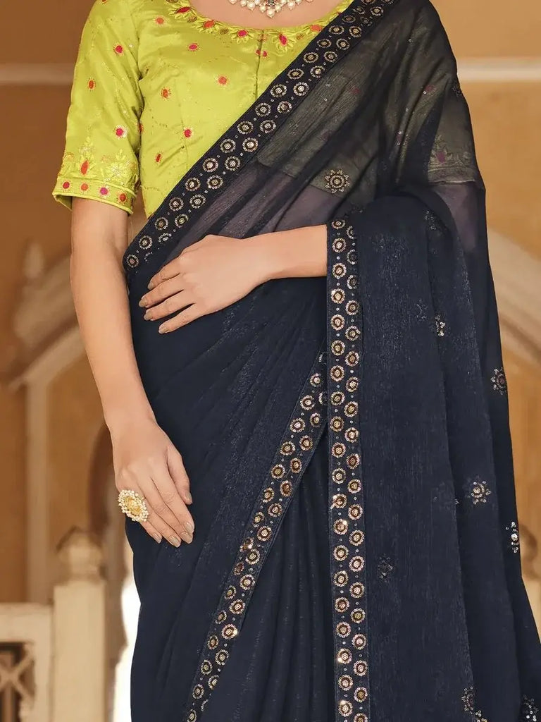 Marvelous Navy-Blue Embroidered Chinon Party Wear Saree With Blouse