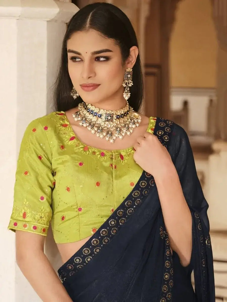 Marvelous Navy-Blue Embroidered Chinon Party Wear Saree With Blouse