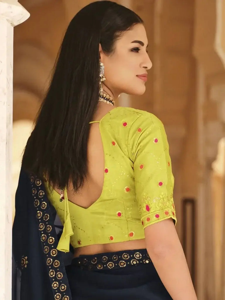 Marvelous Navy-Blue Embroidered Chinon Party Wear Saree With Blouse