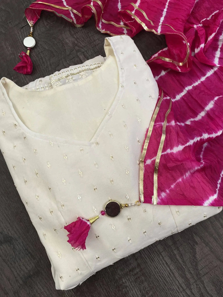 Precious White Georgette Party Wear Gown With Bandhani Dupatta